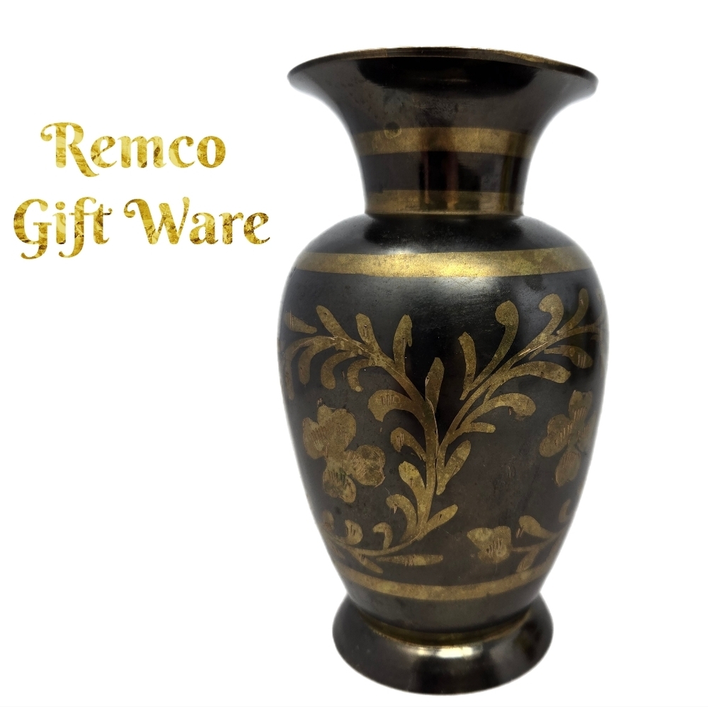 Remco Brass Black & Gold Decorative Vase Etched Gift Ware Trumpet Opening Decor
